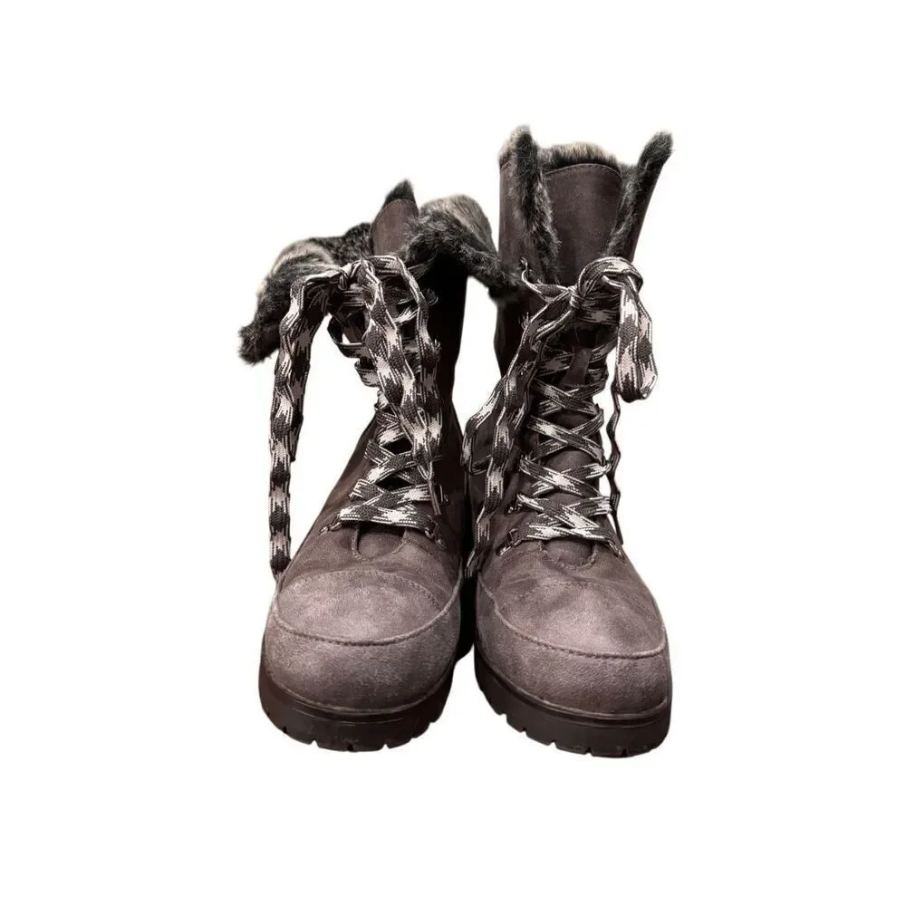 JustFab gray lace up faux leather and fur boots (10)
